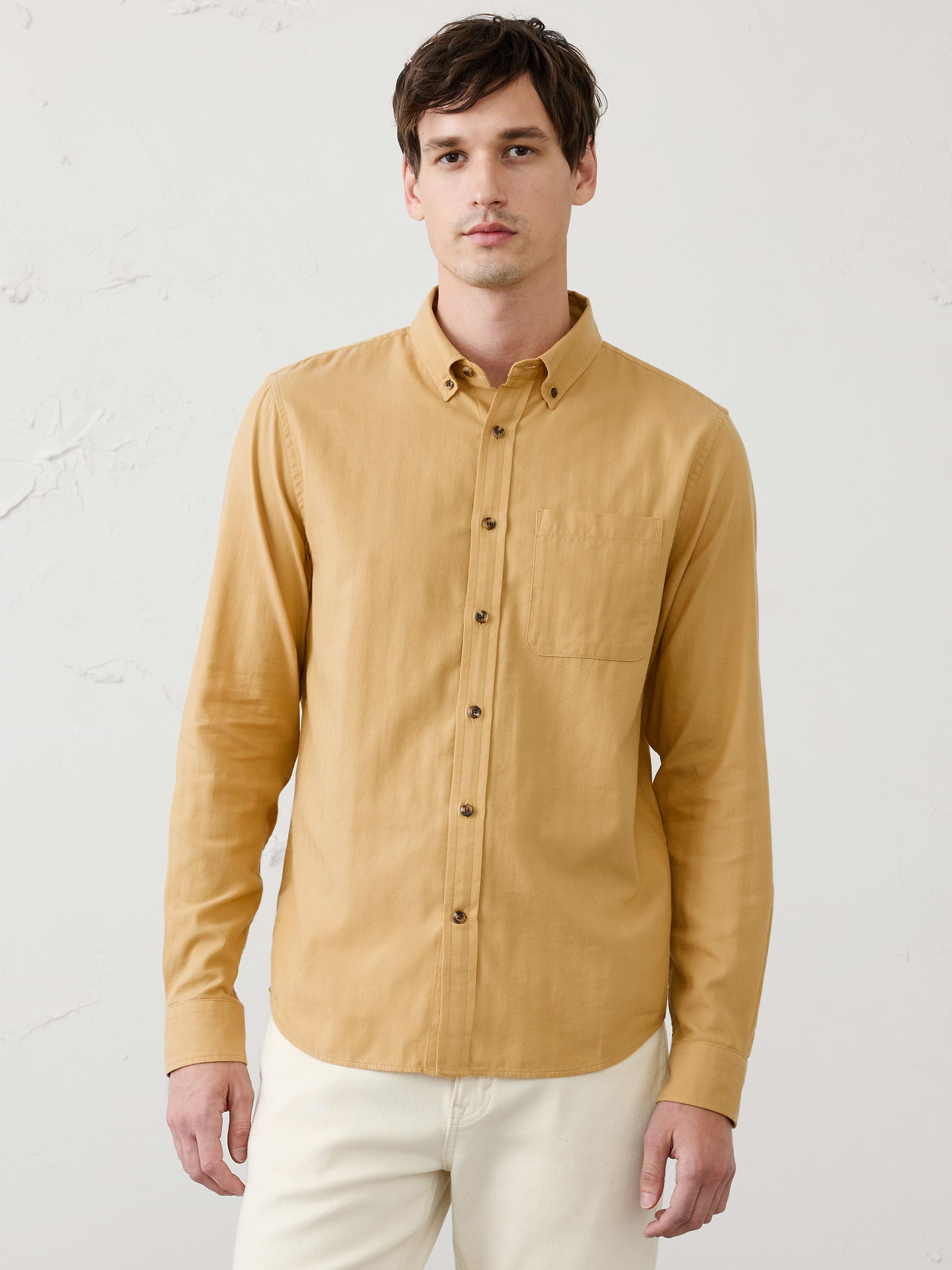 Image 1 of 7, A lightweight flannel designed for seasonal transitions, offering the softness and classic pattern of traditional flannel without the bulk. Easy to layer and versatile across a range of everyday looks., UNTUCKED: Designed with a shorter hemline to hit right at the hips., Button down collar. Long sleeves with adjustable double-button barrel cuffs and button vents., Button‑front closure., Chest pocket., Back yoke., Shirttail hem., Made exclusively for Banana Republic Factory., Product #1175888