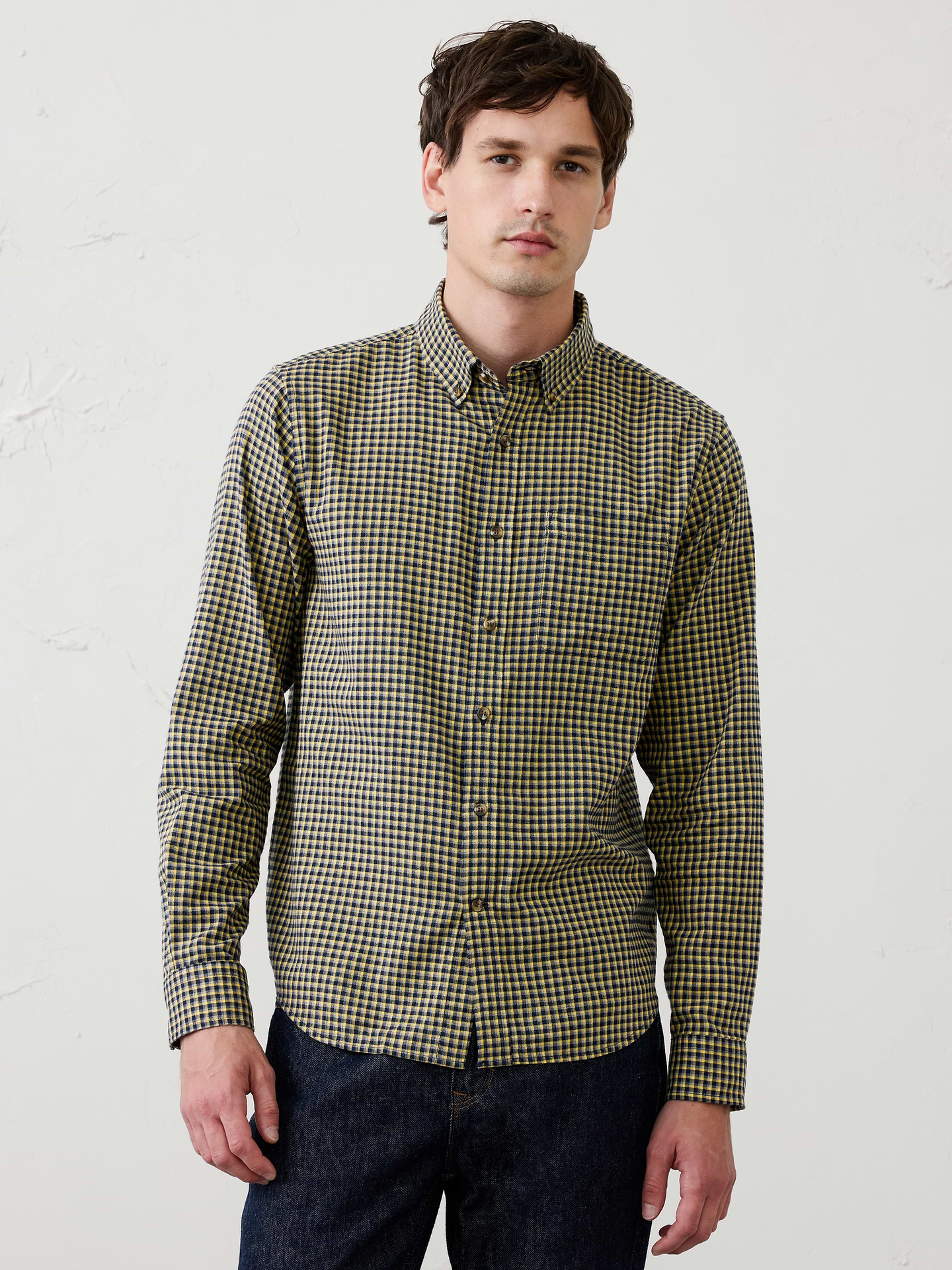 Image 1 of 7, A lightweight flannel designed for seasonal transitions, offering the softness and classic pattern of traditional flannel without the bulk. Easy to layer and versatile across a range of everyday looks., UNTUCKED: Designed with a shorter hemline to hit right at the hips., Button down collar. Long sleeves with adjustable double-button barrel cuffs and button vents., Button‑front closure., Chest pocket., Back yoke., Shirttail hem., Made exclusively for Banana Republic Factory., Product #1175888