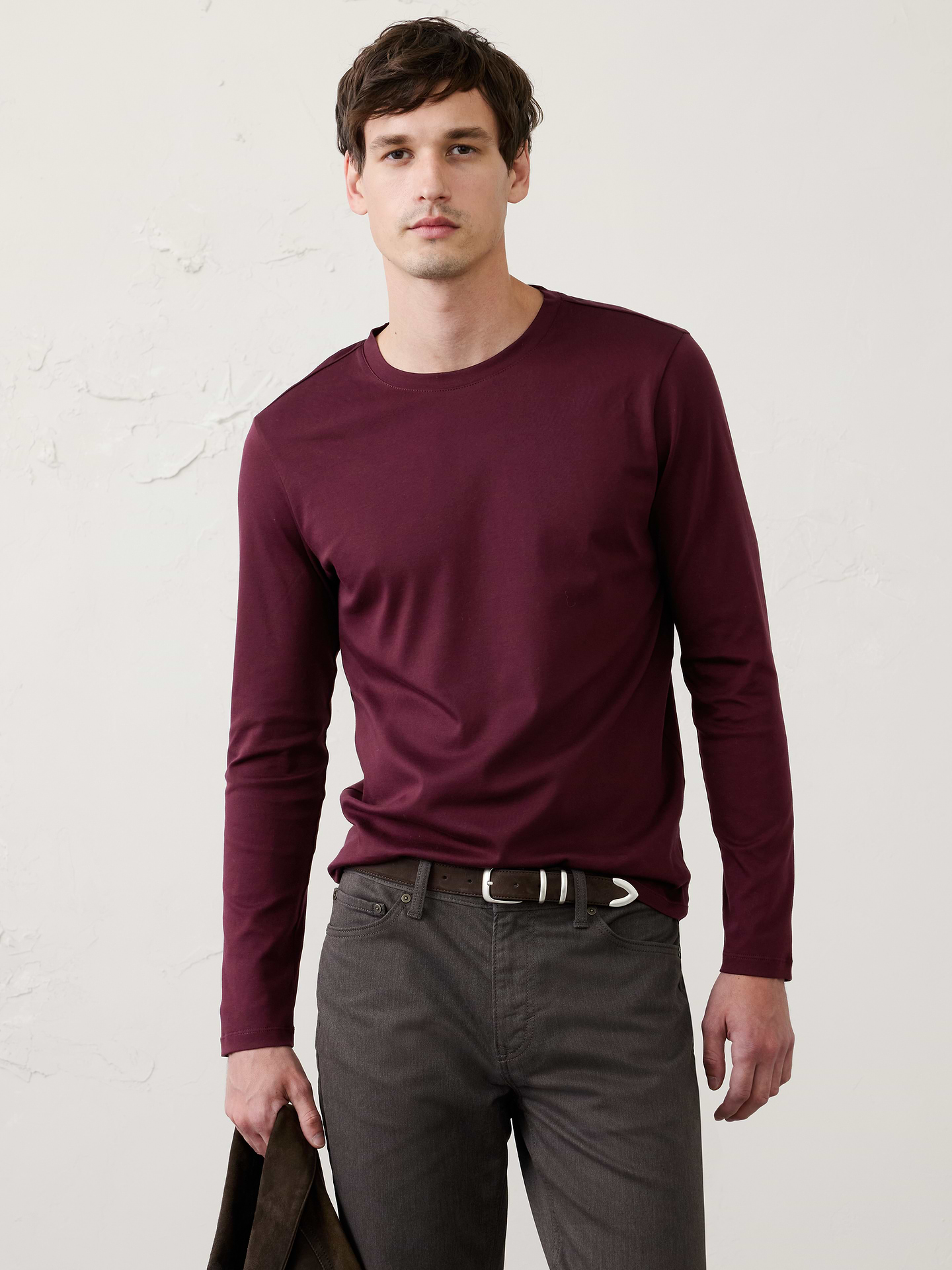 Image 1 of 7, Made with 100% cotton interlock, which is extremely soft, firm, and absorbent. Mercerization treatment gives this fabric a silk-like lustrous appearance for a polished look and hand feel, adding strength and reducing shrinkage., Crew neck. Long sleeves., Straight hem., Made exclusively for Banana Republic Factory., Product #1176103