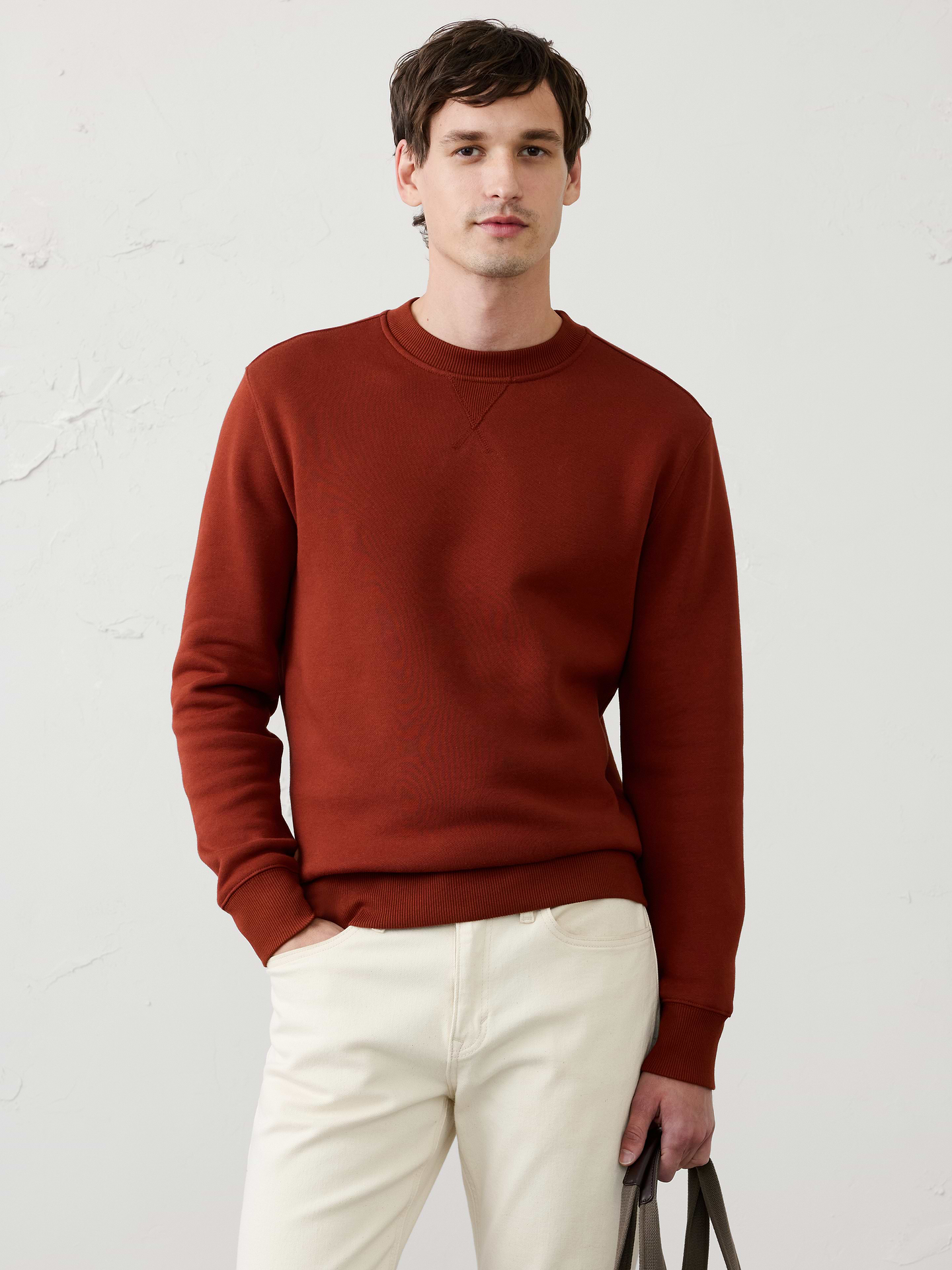 Image 1 of 7, Crafted from soft fleece that’s specially brushed for exceptional softness, this sweatshirt delivers a cozy feel inside and out., Crew neck. Long sleeves., Ribbed neck, arm cuffs and hem., Made exclusively for Banana Republic Factory., Product #1181069