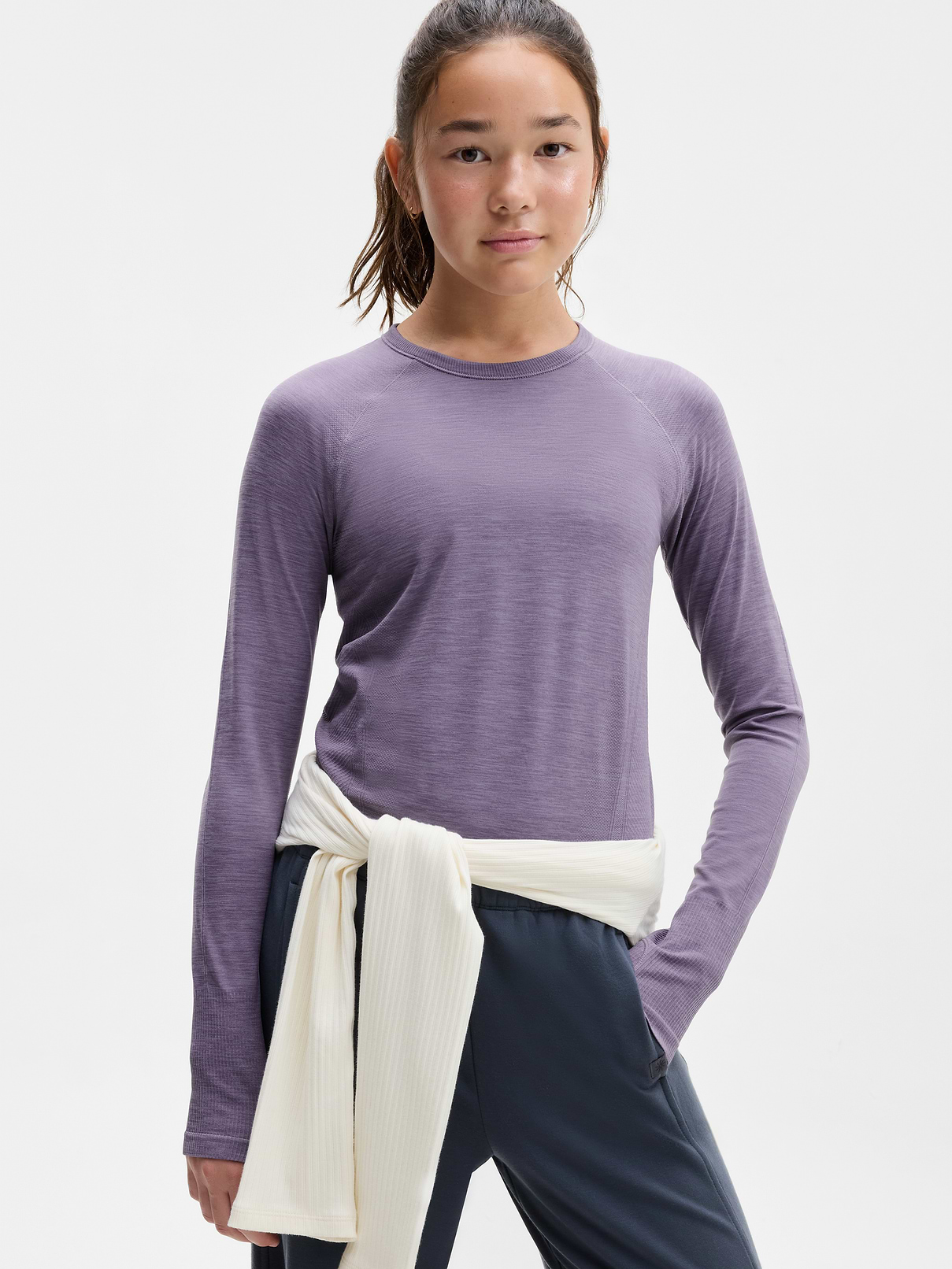 Image 1 of 4, FOR: School, practice, and play, FEEL: Non-chafing, ribbed seamless fabric is stretchy and comfortable, FAVE: Mantras at arm opening and bottom hem for extra motivation, Product #416371