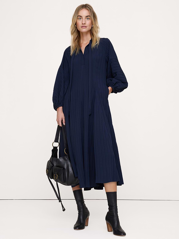Jacquard Ruffle-Neck Peasant Dress