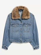 Image 2 de 2, Veste de camionneur courte en denim à col en similifourrure