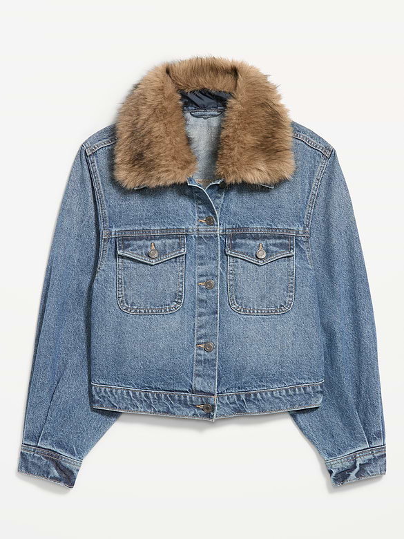 Faux-Fur Collar Cropped Denim Trucker Jacket