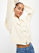 Image 1 of 3, crew neck, full-button front, tie detail at neck, long sleeves, rib-knit trim, Product #1182270