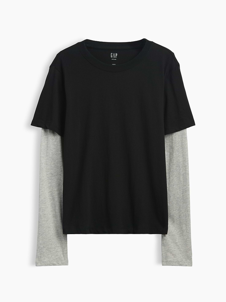 Image 1 of 2, Soft cotton jersey double-layer T-shirt. In a relaxed fit., Crewneck., Layered short and long sleeves., Made with 100% organically grown cotton which is grown without the use of synthetic pesticides and fertilizers., Product #1185082