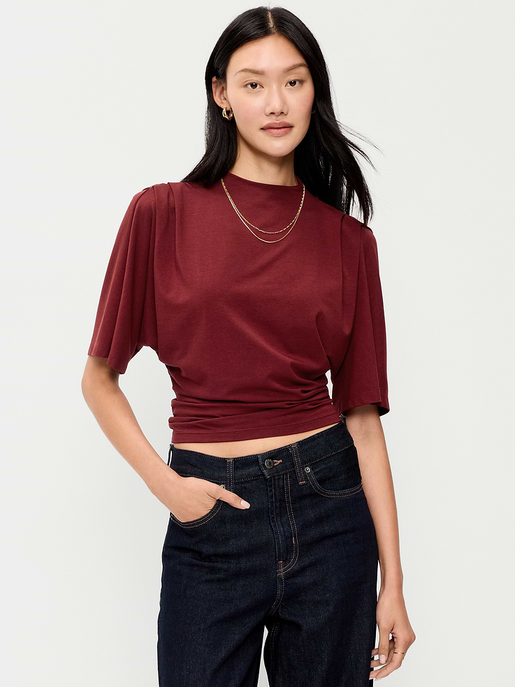 Image 1 of 7, slit neck, draped front, short sleeves, ruching at sides, Product #1184151