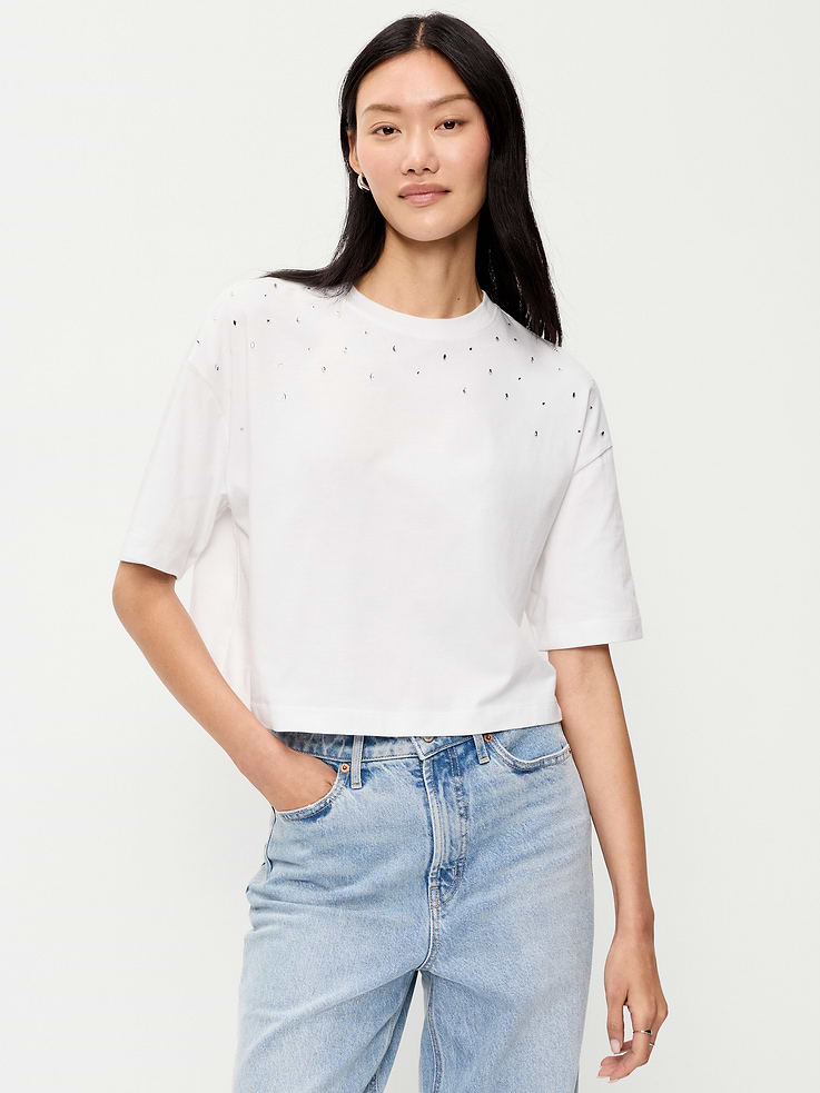 Image 1 of 7, Our EveryWear T-shirts are super-soft, with a comfortable, relaxed fit. Wear 'em with everything., rib-knit crew neck, short sleeves, rhinestone embellishments across the upper front, Product #1184159