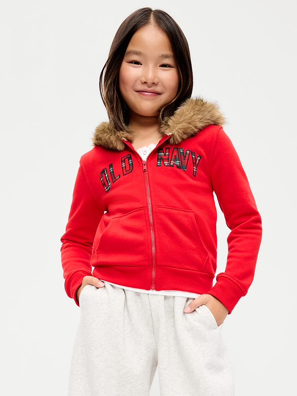 Fitted Faux-Fur Logo Graphic Full-Zip Hoodie for Girls