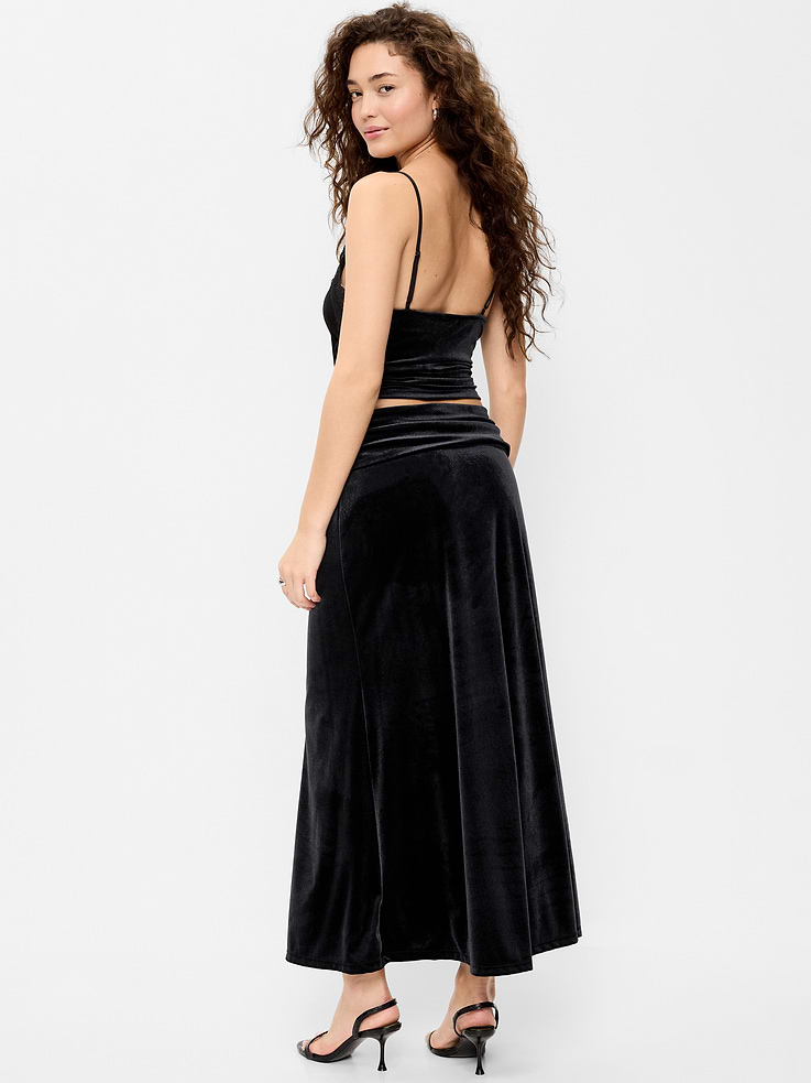 Image 3 of 6, Velvet Mid-Rise Ruched Maxi Skirt
