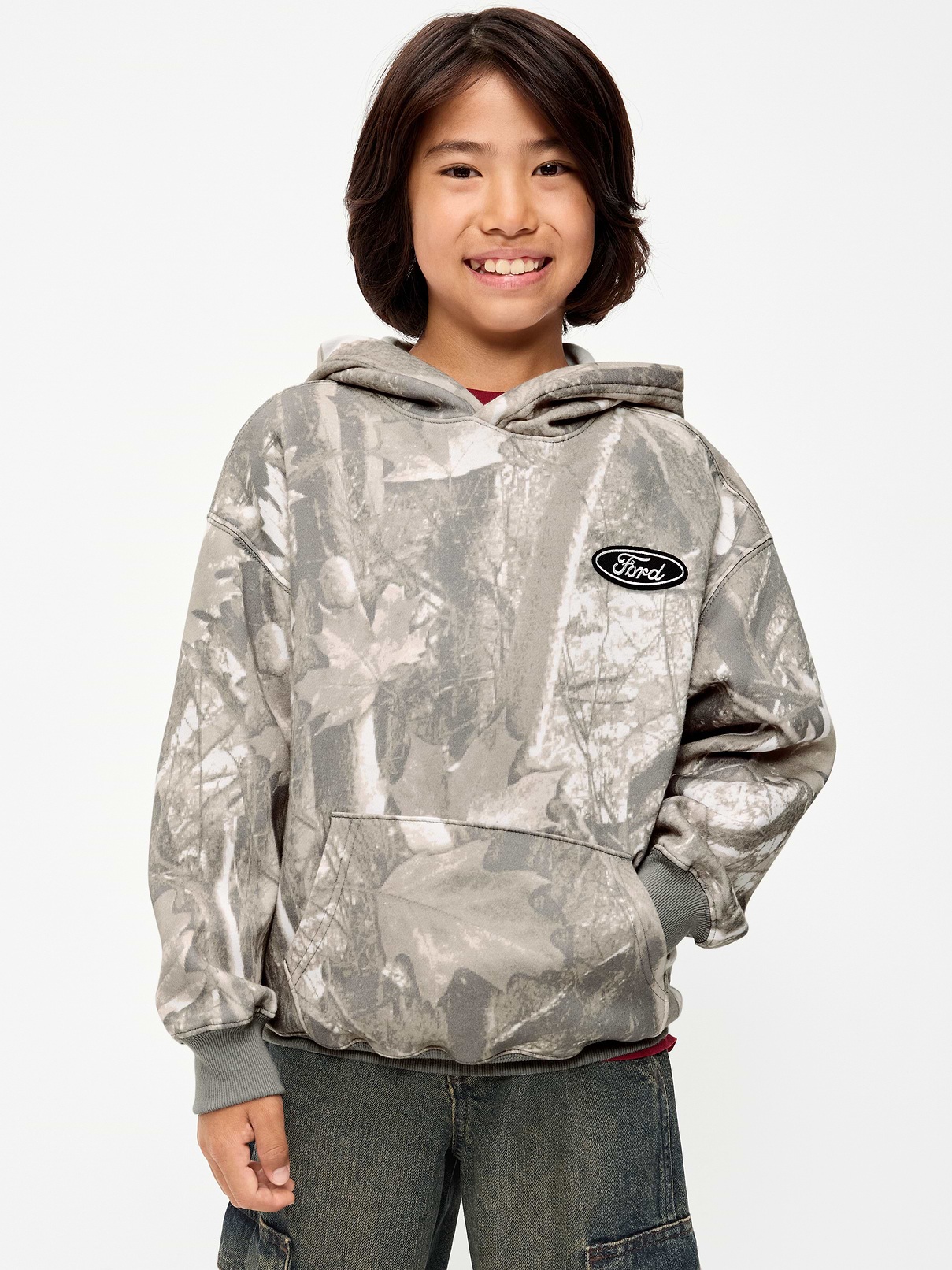 Image 1 of 1, built-in hood, long sleeves, drop shoulders, kangaroo pocket, licensed graphic at front and back, © 2026 Ford Motor Company, Product #906057