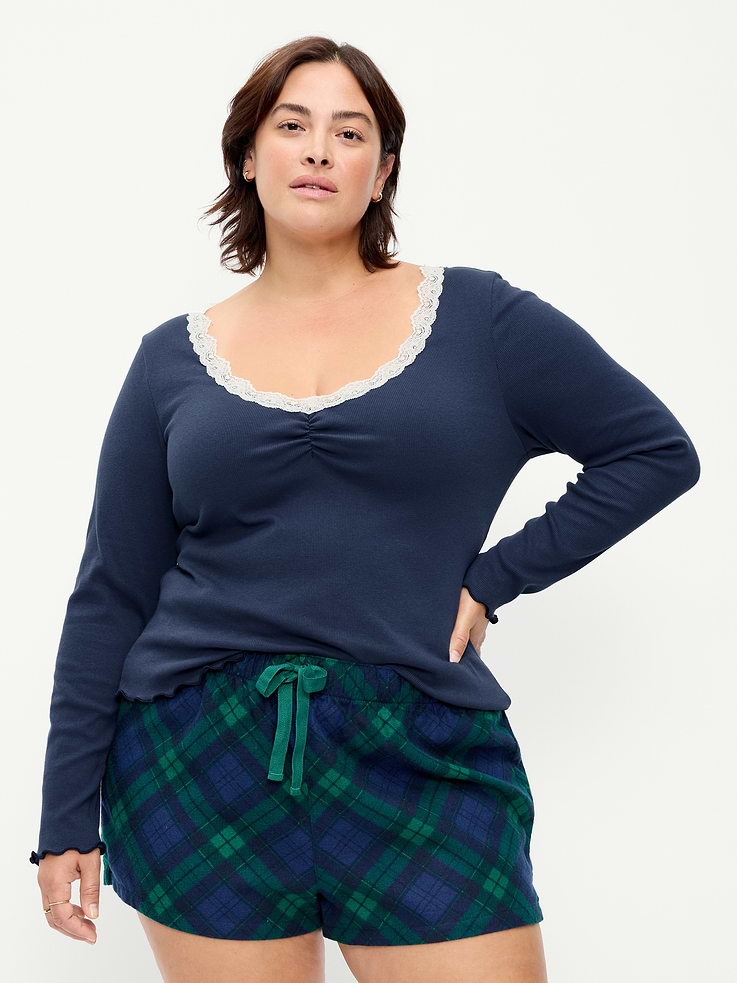 Image 7 of 8, Long-Sleeve Lace Trim T-Shirt