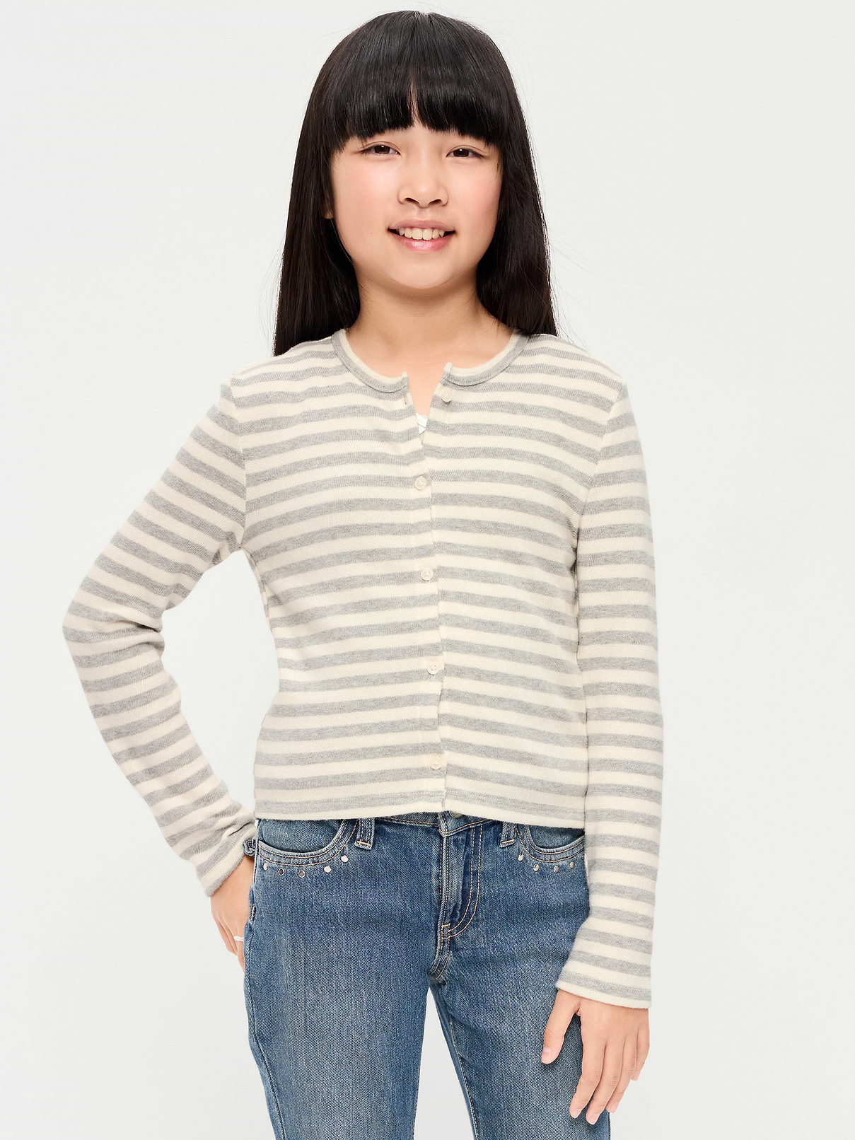 Image 1 of 3, round neckline, long sleeves, full length button front, all-over print, Product #1181567