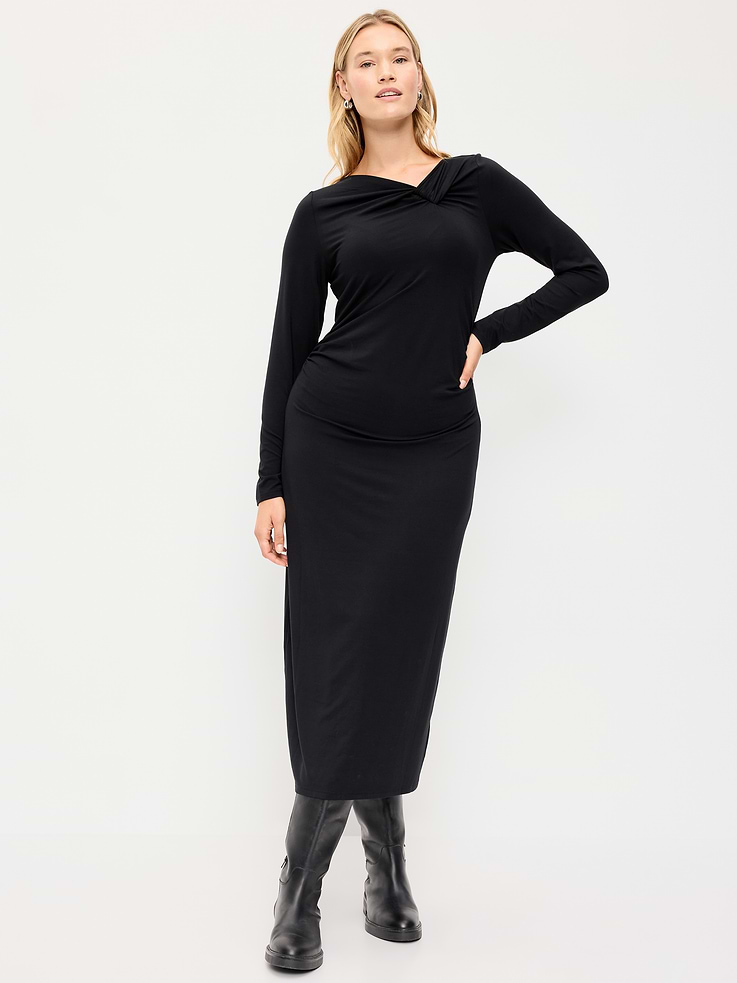 Image 7 of 10, Long-Sleeve Twist-Front Ruched Midi Dress