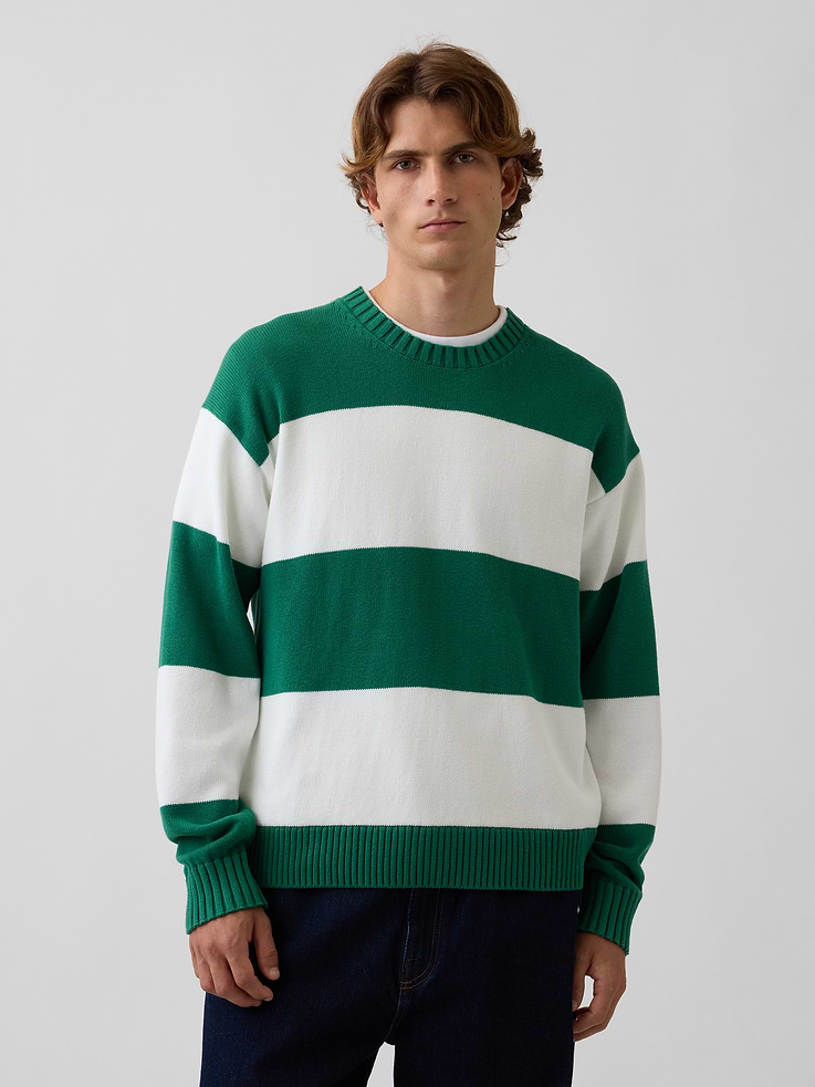 Image 1 of 5, Soft knit cotton sweater. In a relaxed, boxy fit., Crewneck., Long sleeves with drop shoulders., Ribbed cuffs and hem., Striped design., This product was made in a factory that invests in gender equity and women’s empowerment through RISE. Learn more at gapinc.com/equity ., Product #1182957