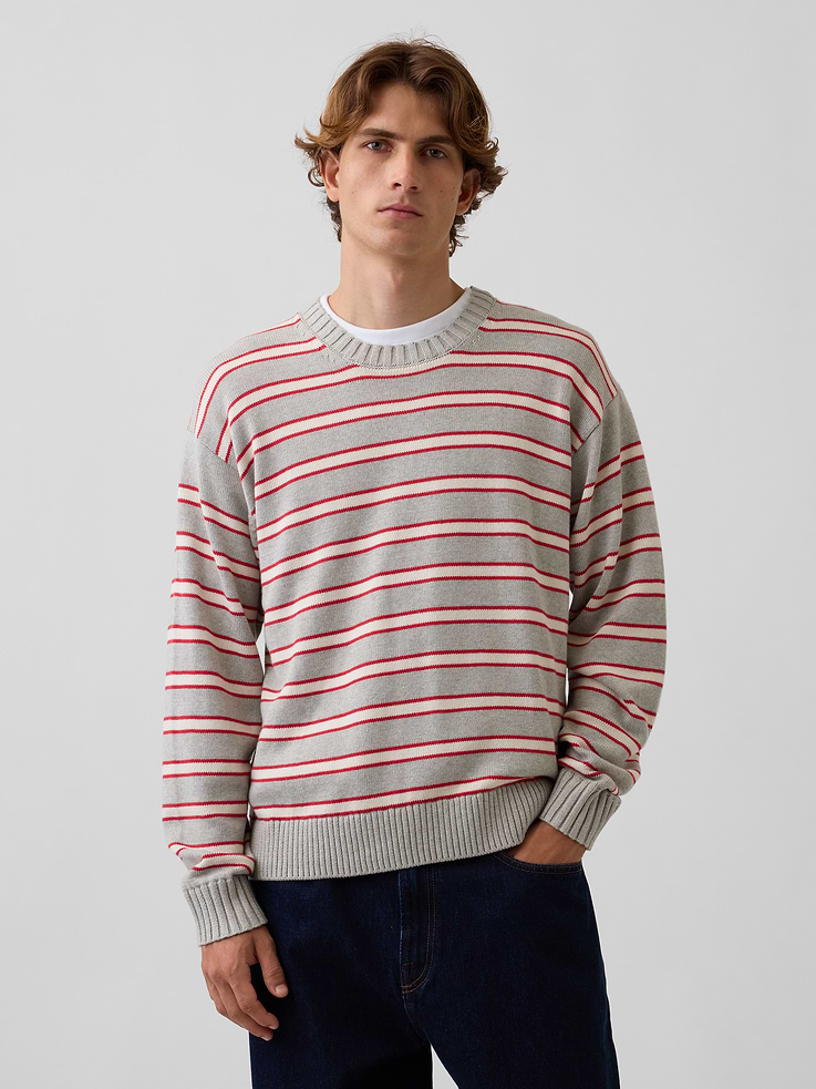 Image 1 of 5, Soft knit cotton sweater. In a relaxed, boxy fit., Crewneck., Long sleeves with drop shoulders., Ribbed cuffs and hem., Striped design., Explore the Gap Gift Shop ., This product was made in a factory that invests in gender equity and women’s empowerment through RISE. Learn more at gapinc.com/equity ., Product #1182957