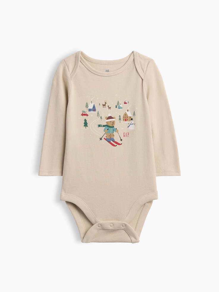 Image 1 of 2, From baby’s first outfit to all their first moments. Our favorite tiny essentials in supersoft, organically grown cotton., Soft cotton jersey graphic bodysuit., Long sleeves., Graphics at front., Snaps at inseam for easy dressing and diapering., Made with 100% organically grown cotton which is grown without the use of synthetic pesticides and fertilizers., This product was made in a factory that invests in gender equity and women’s empowerment through RISE. Learn more at gapinc.com/equity ., Product #1186041