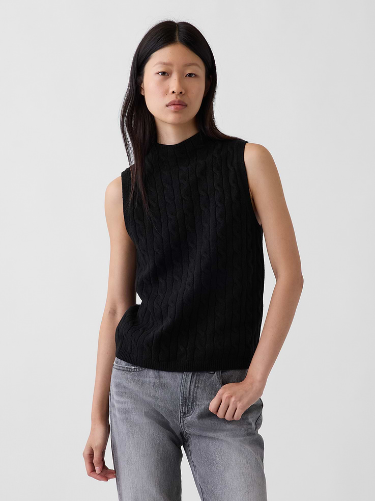 Image 1 of 5, Supersoft, cable-knit cotton-blend sweater vest. In a slightly cropped length., Mockneck., Sleeveless., Ribbed hem., Product #1185079
