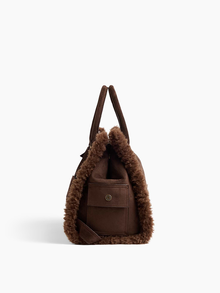 Image 6 of 7, Sherpa-Lined Vegan Suede Five Pocket Tote