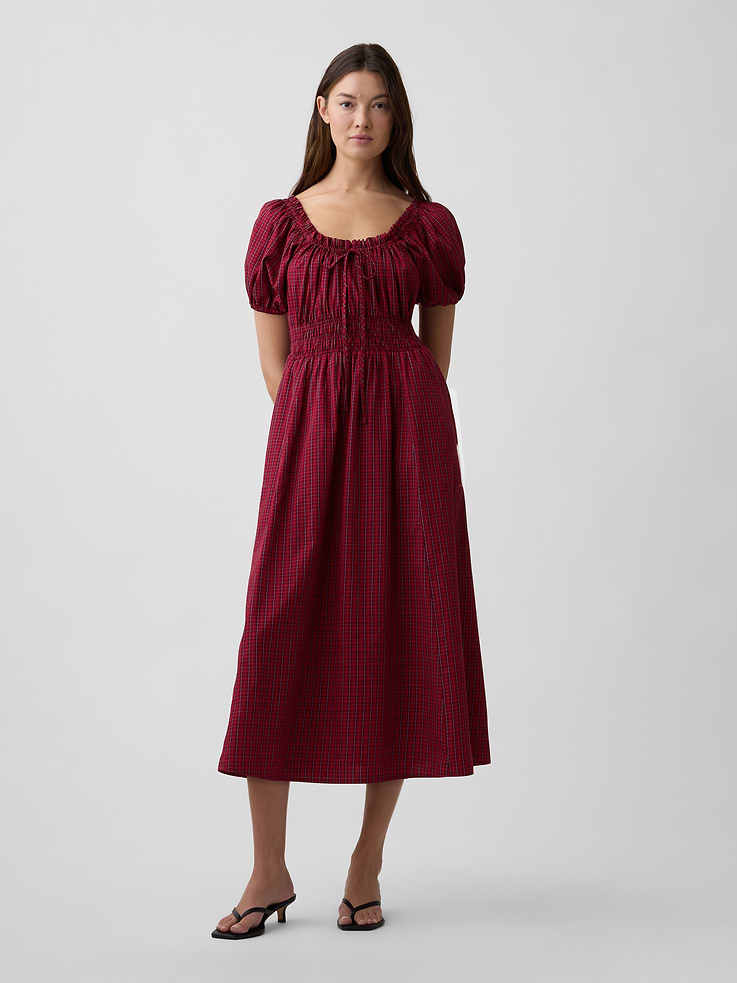 Image 1 of 6, Smooth weave., Short puff sleeves with elasticized cuffs., Ruffle trim and ties at round neckline., Smocking and shirring at yoke., On-seam pockets., Select styles have allover print or plaid., This product was made in a factory that invests in gender equity and women’s empowerment through RISE. Learn more at, Product #1190586