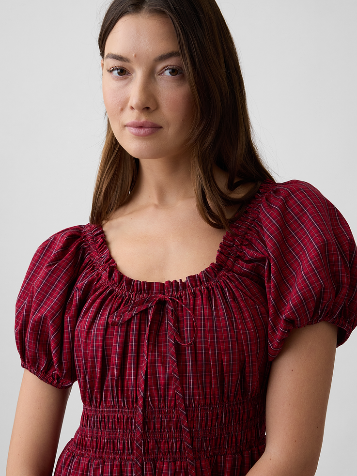Image 3 of 6, Puff Sleeve Tie-Neck Midi Dress