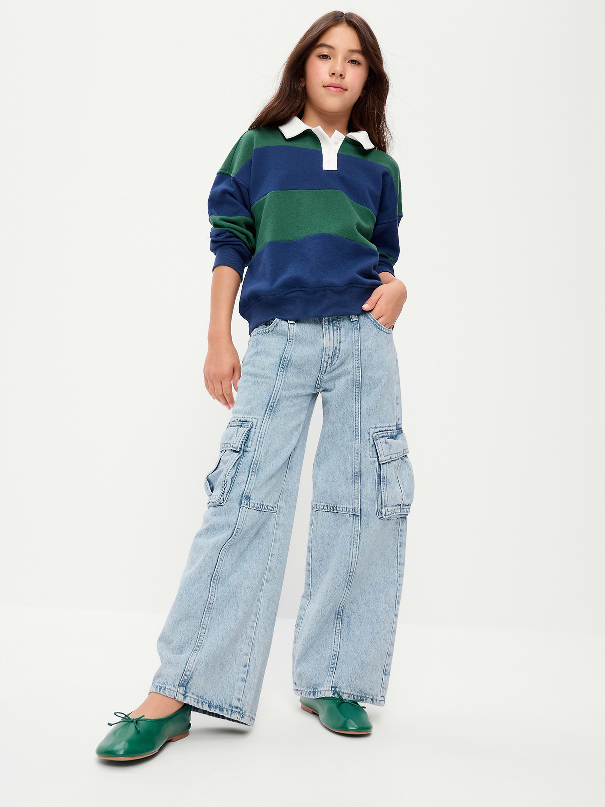 Image 2 of 4, High-Waisted Super Baggy Wide-Leg Cargo Jeans for Girls