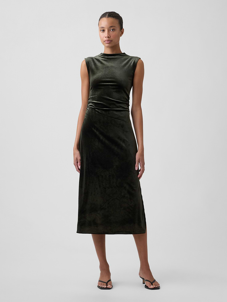 Image 1 of 4, This product is made with/contains 90% recycled polyester. Compared to virgin materials, using recycled materials helps reduce resource use and waste., Soft velour knit., Sleeveless., Mockneck., Ruching at sides., Slit at hem., This product was made in a factory that invests in gender equity and women’s empowerment through RISE. Learn more at, Product #1185209