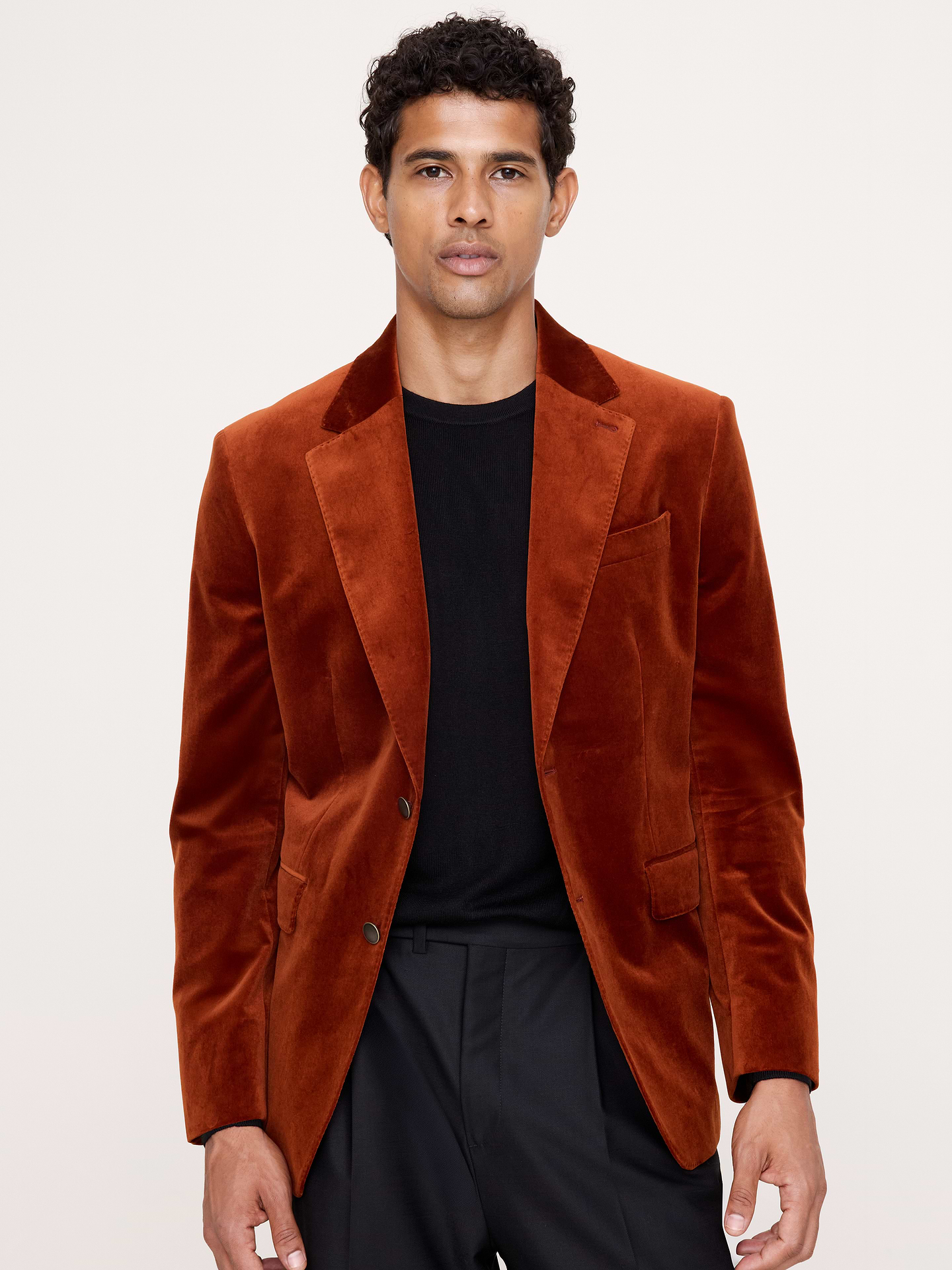 Image 1 of 5, We selected a soft cotton velvet for this statement blazer, opting to cut it plush-up to enhance its luster and add a more formal appearance., Tailored Slim Fit: Designed for ease of movement. Here, we opted for an English cut with a more structured shoulder construction., Notch lapel with 2-button front., Three exterior pockets, three interior pockets., Double back vent., Fully lined., Product #906641