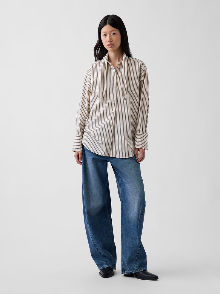 Image 2 of 5, Organic Cotton Poplin Tie-Neck Big Shirt