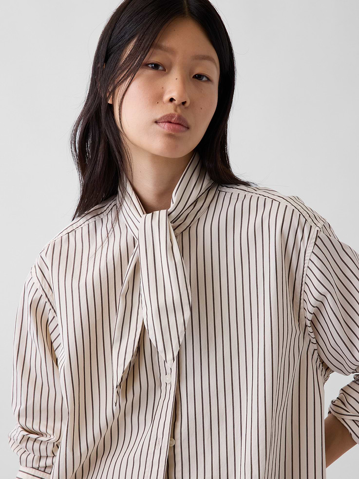 Image 4 of 5, Organic Cotton Poplin Tie-Neck Big Shirt