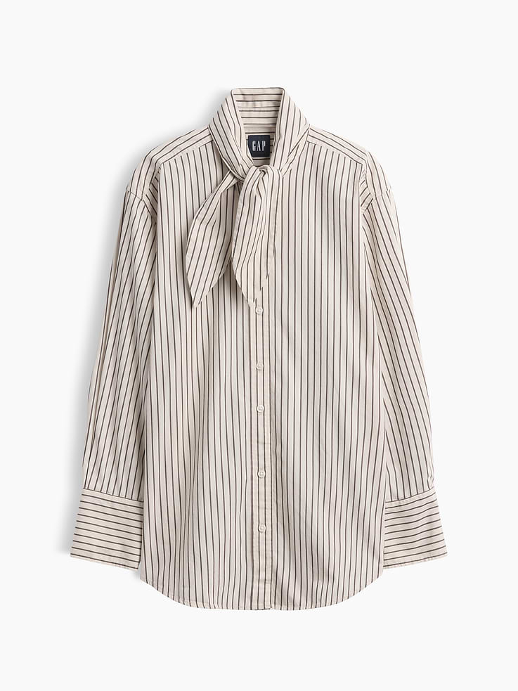 Image 5 of 5, Organic Cotton Poplin Tie-Neck Big Shirt