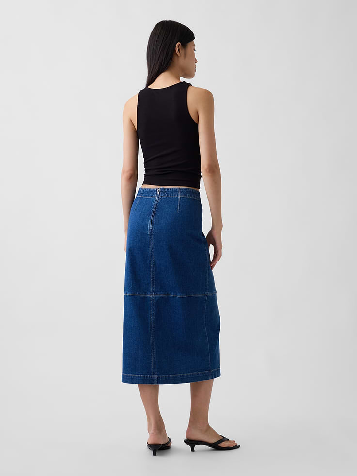 Image 2 de 5, Jupe droite mi-longue en denim à coutures apparentes
