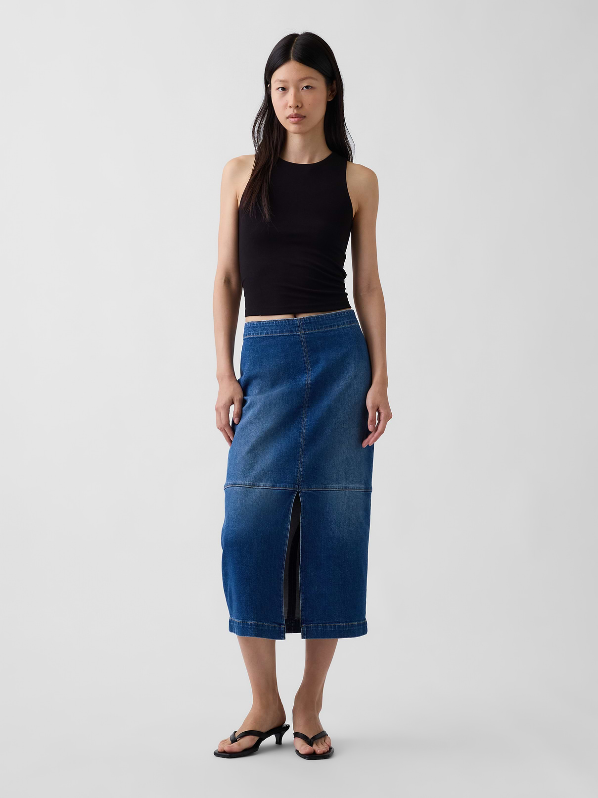 Denim Seamed Midi Pencil Skirt