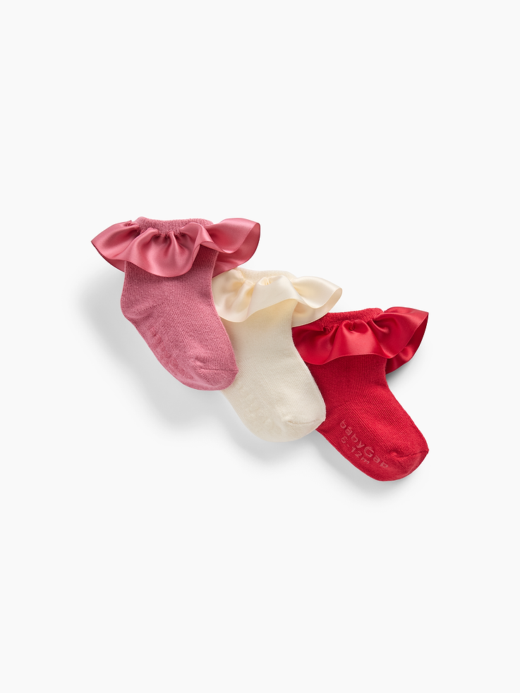 Image 1 of 2, Soft, stretch knit baby socks., Ruffle detail at ribbed top., Reinforced toe and heel., This product was made in a factory that invests in gender equity and women’s empowerment through RISE. Learn more at gapinc.com/equity ., Product #1186101
