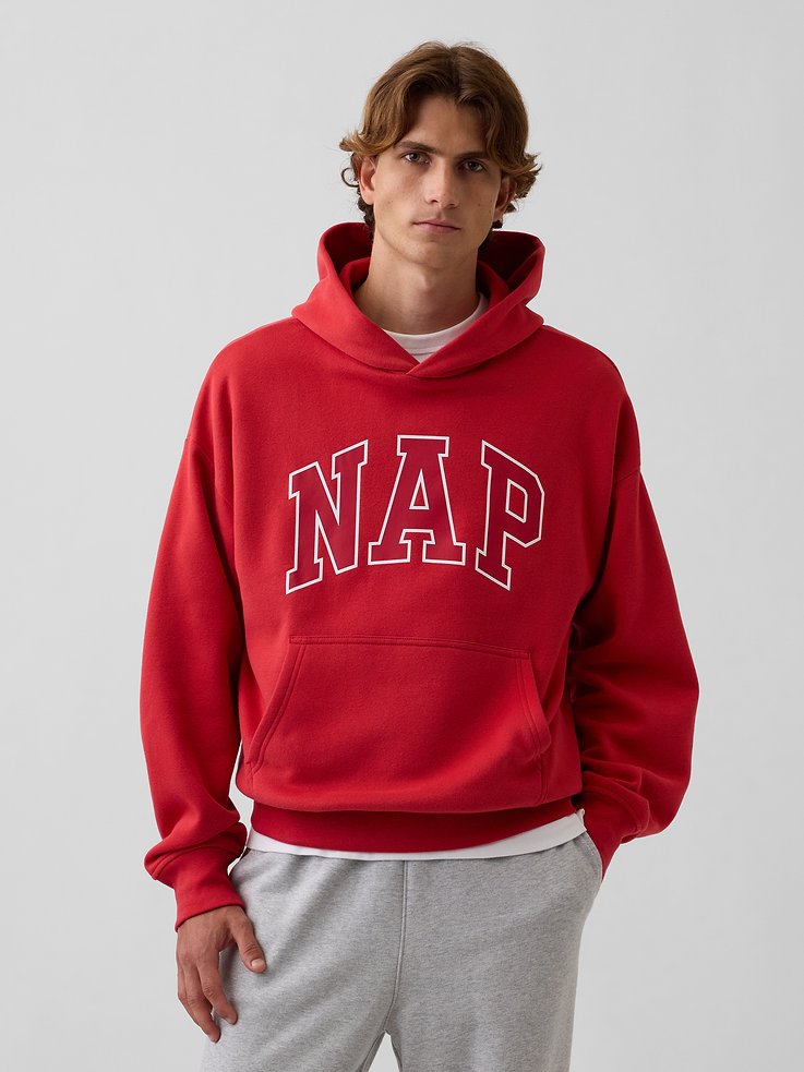 Image 1 of 5, Our softer than soft sweats. Brushed on the inside. Smooth on the outside. Made so that no two are alike., Soft cotton-blend fleece pullover hoodie. In an oversized fit., Hooded neckline.Long sleeves with drop shoulders., NAP arch logo at front., Kanga pocket., Banded cuffs & hem., Made with 23% recycled polyester. Compared to virgin materials, using recycled materials helps reduce resource use and waste., Explore our GapSweats Guide ., This product was made in a factory that invests in gender equity and women’s empowerment through RISE. Learn more at gapinc.com/equity ., Product #898155