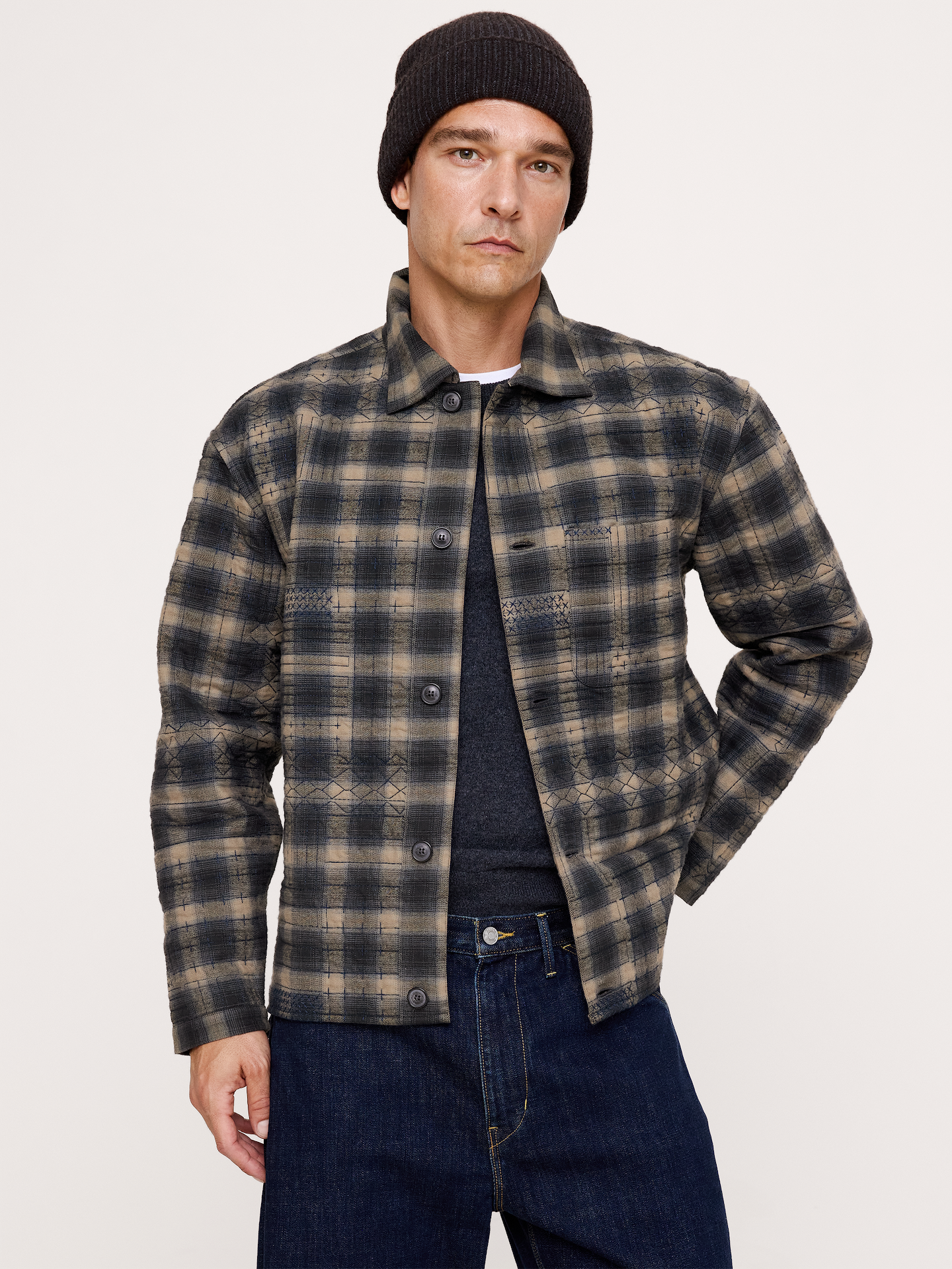 Image 1 of 6, We used our customer-loved flannel and cut it in an easy fit with allover embroidery. Made from 100% cotton and specially washed for extra softness., Relaxed Fit: A straight & roomy fit with a dropped shoulder seam., Spread collar with button front., Chest pocket., Straight hem with vented sides, Quilted and lined., Product #906473