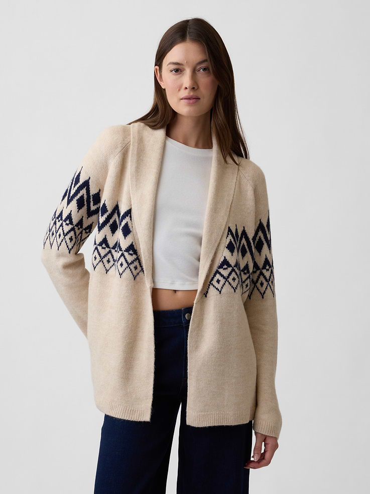 Image 1 of 5, Plush like cashmere. Easier than anything. With a lightweight layer-able feel & brushed for softness., This product is made with/contains 22% recycled polyester. Compared to virgin materials, using recycled materials helps reduce resource use and waste., Soft cotton-blend knit., Long sleeves., Shawl neckline, fair isle detailing at yoke., Open front with tie belt at waist., Product #1180028