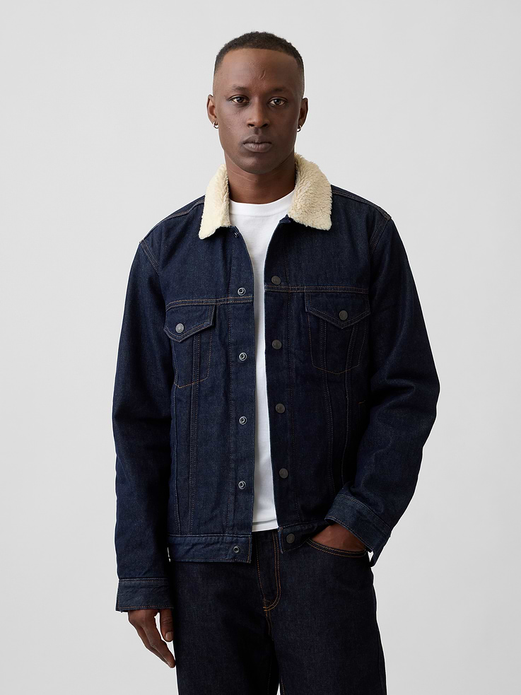 Image 1 of 5, This product is made with/contains 5% recycled cotton. Compared to virgin materials, using recycled materials helps reduce resource use and waste., This product is part of our water-saving Washwell program. Compared with conventional wash methods, Washwell uses at least 20% less water., Non-stretch denim., Dark indigo wash., Dropped shoulder, long sleeves with snap cuffs., Cozy sherpa lining at collar and body, zip front., Patch pockets with snap closures at chest, front slant pockets., Banded hem., This product was made in a factory that invests in gender equity and women’s empowerment through RISE. Learn more at, Product #1186766