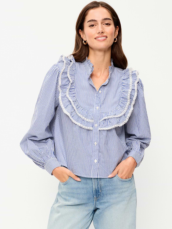 Ruffle Bib Button-Down Top