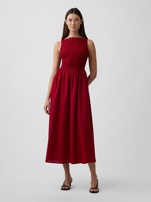 Smocked Boatneck Midi Dress