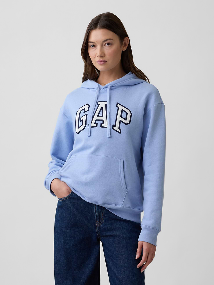 Image 1 of 5, This product is made with/contains 23% recycled polyester. Compared to virgin materials, using recycled materials helps reduce resource use and waste., Soft, comfy fleece., Dropped shoulder, long sleeves with banded cuffs., Drawcord ties at hood., Gap logo at front., Kanga pocket., Banded hem., Note: The dye used in the crafting of this product is prone to crocking, or color transfer. Please avoid contact with light-colored fabric or upholstery., Product #839432