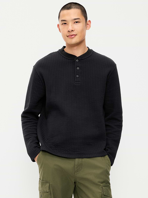 Long-Sleeve Quilted Fleece Henley Sweatshirt
