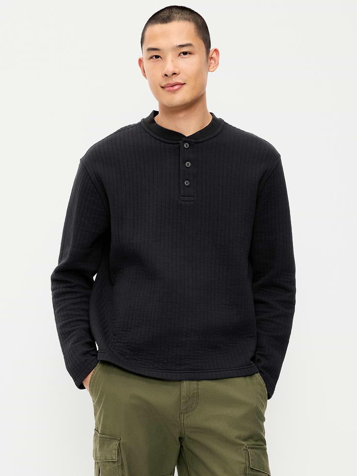 Image 1 of 4, crew neck, three-button henley placket, long sleeves, Product #1182199