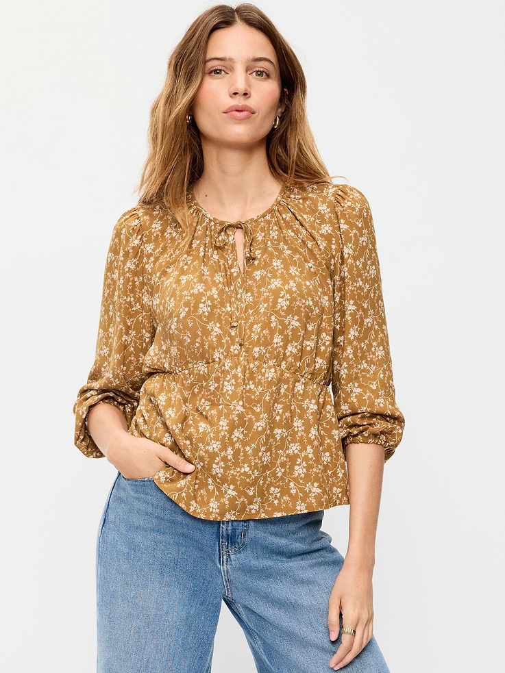 Image 1 of 9, tie-front neckline, long sleeves, seamed waist, ruching detail, all-over print, Product #1184388