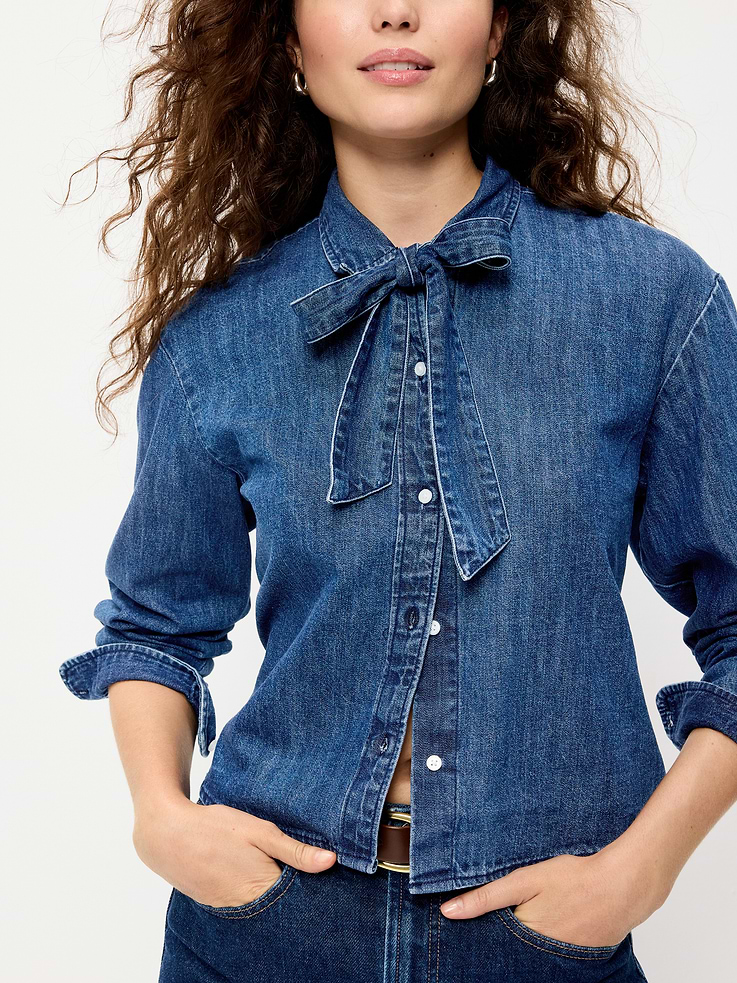 Image 4 of 6, Long-Sleeve Tie-Neck Button-Down Shirt