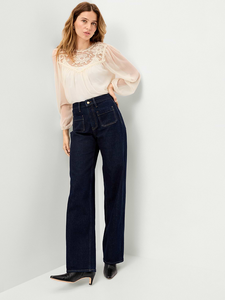 Image 3 of 6, Long-Sleeve Chiffon Sheer Lace-Trim Top