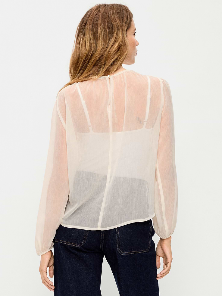 Image 2 of 6, Long-Sleeve Chiffon Sheer Lace-Trim Top