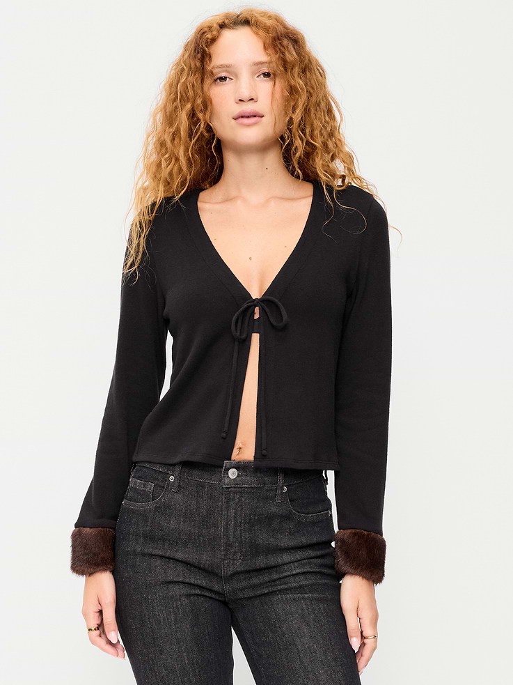 Image 3 of 9, Long-Sleeve Faux-Fur Cuff Tie-Front Top