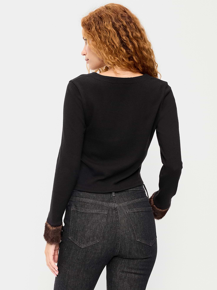 Image 2 of 9, Long-Sleeve Faux-Fur Cuff Tie-Front Top