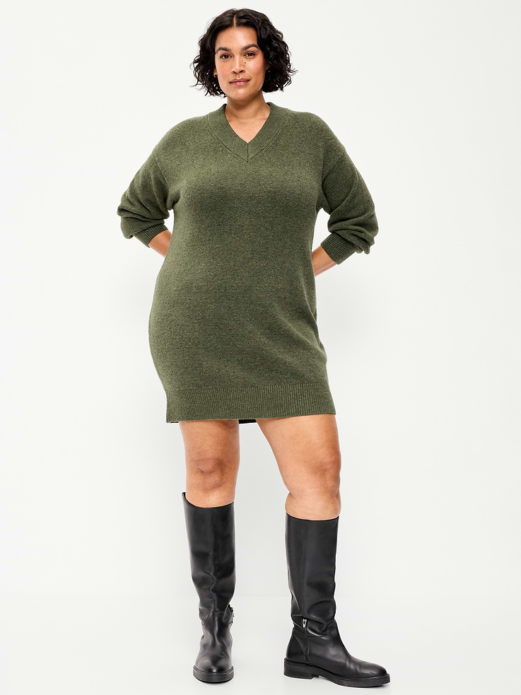 Image 8 of 9, SoSoft Long-Sleeve V-Neck Mini Sweater Dress